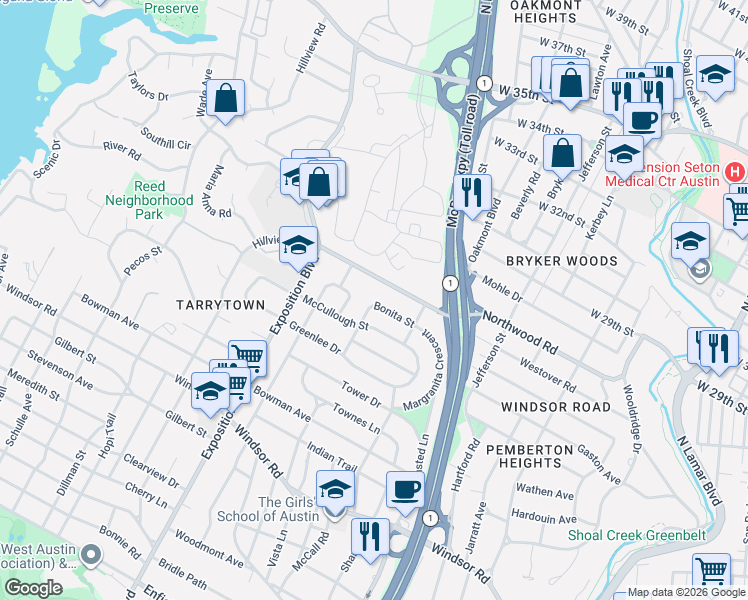 map of restaurants, bars, coffee shops, grocery stores, and more near 2500 Galewood Place in Austin