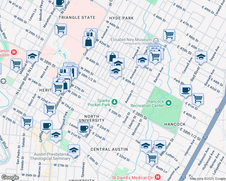map of restaurants, bars, coffee shops, grocery stores, and more near 3820 Avenue F in Austin