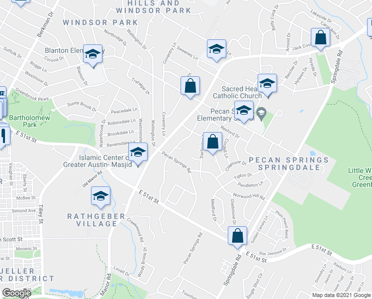 map of restaurants, bars, coffee shops, grocery stores, and more near 2908 Pecan Circle in Austin