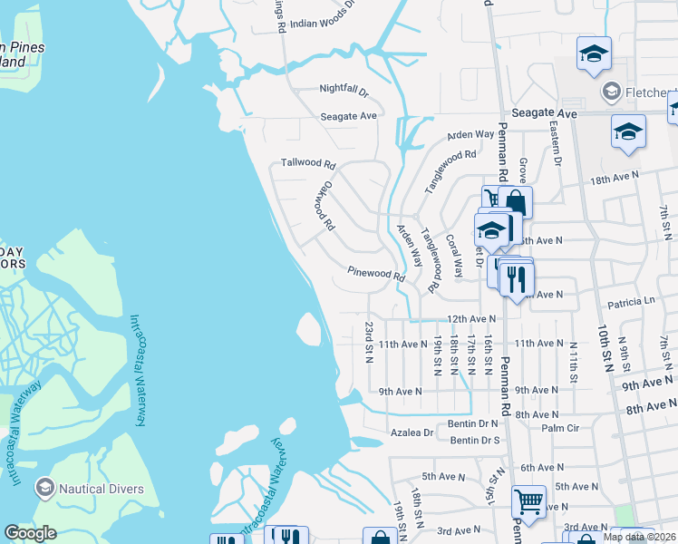 map of restaurants, bars, coffee shops, grocery stores, and more near 1363 Pinewood Road in Jacksonville Beach
