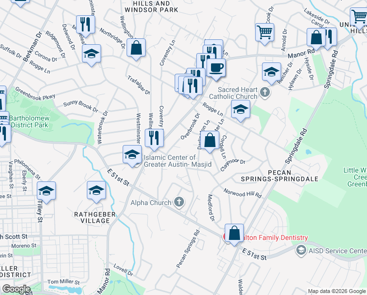 map of restaurants, bars, coffee shops, grocery stores, and more near 2908 Pecan Circle in Austin