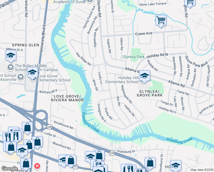 map of restaurants, bars, coffee shops, grocery stores, and more near 848 Glynlea Road in Jacksonville