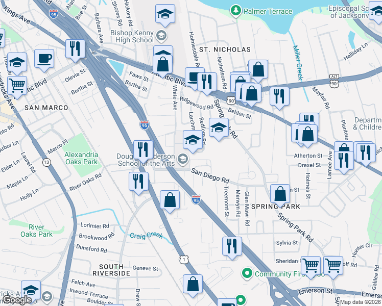 map of restaurants, bars, coffee shops, grocery stores, and more near 2279 Larchmont Road in Jacksonville