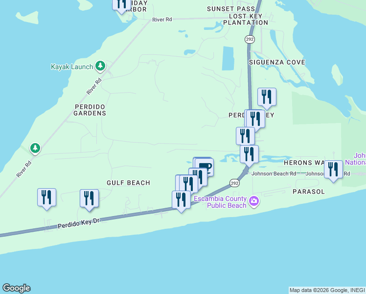map of restaurants, bars, coffee shops, grocery stores, and more near 6611 Carlinga Drive in Pensacola