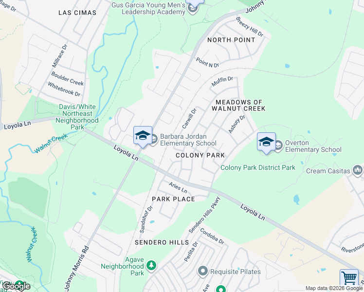 map of restaurants, bars, coffee shops, grocery stores, and more near 6908 Colony Park Drive in Austin