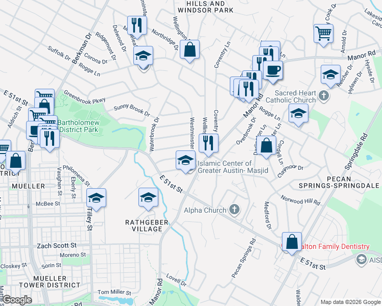 map of restaurants, bars, coffee shops, grocery stores, and more near 5306 Wellington Drive in Austin
