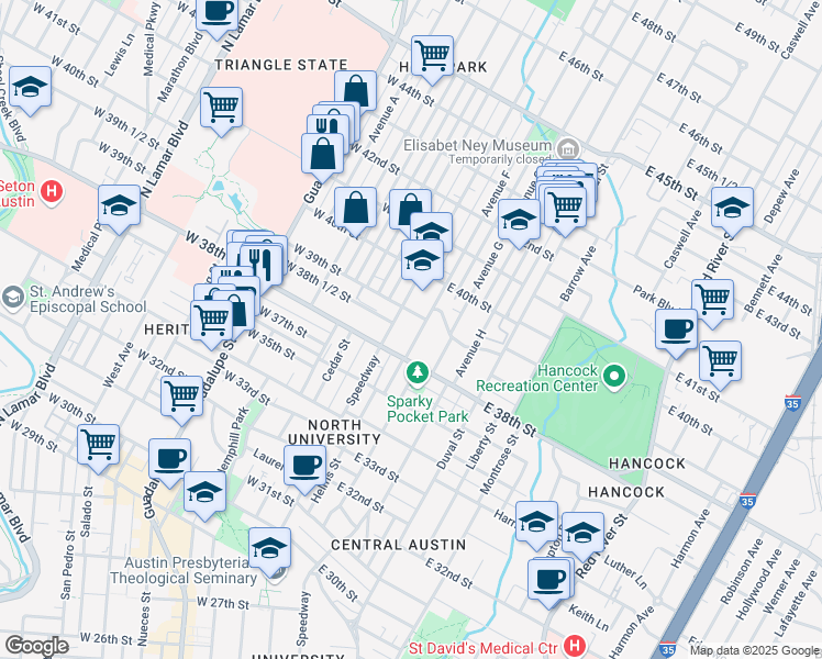 map of restaurants, bars, coffee shops, grocery stores, and more near 3815 Speedway in Austin