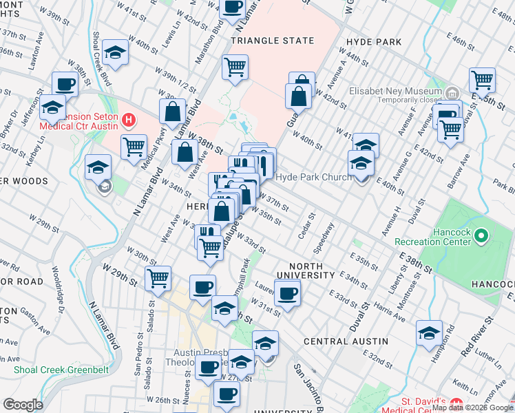 map of restaurants, bars, coffee shops, grocery stores, and more near 605 West 37th Street in Austin