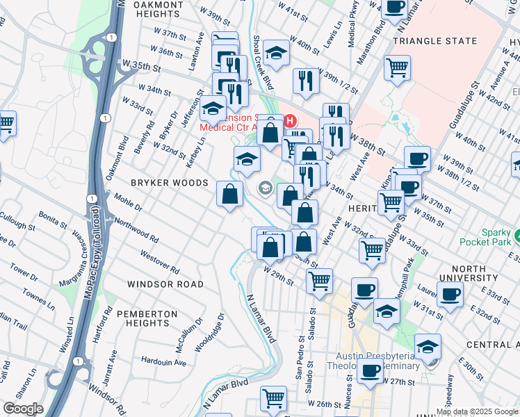 map of restaurants, bars, coffee shops, grocery stores, and more near 1113 West 31st Street in Austin