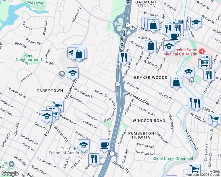 map of restaurants, bars, coffee shops, grocery stores, and more near 2202 Westover Road in Austin