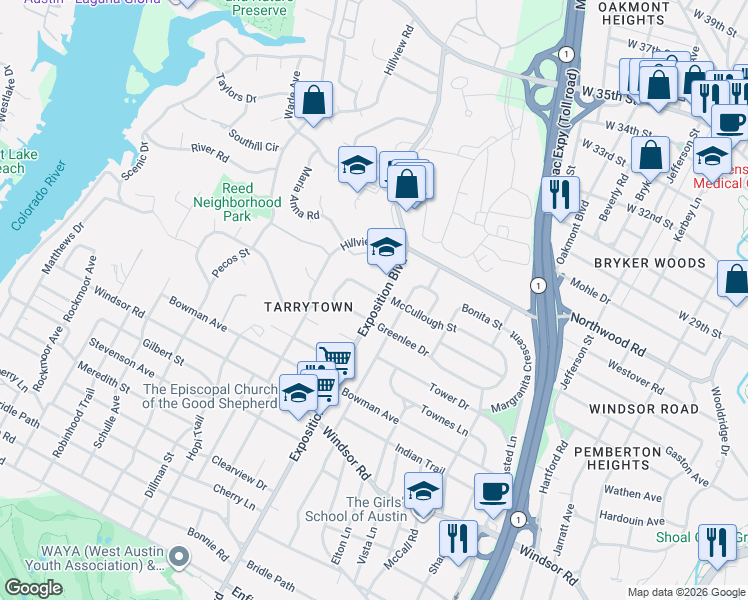 map of restaurants, bars, coffee shops, grocery stores, and more near 2702 McCullough Street in Austin