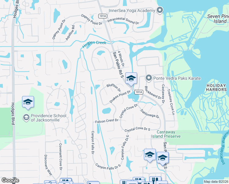 map of restaurants, bars, coffee shops, grocery stores, and more near 2430 Footbridge Lane in Jacksonville