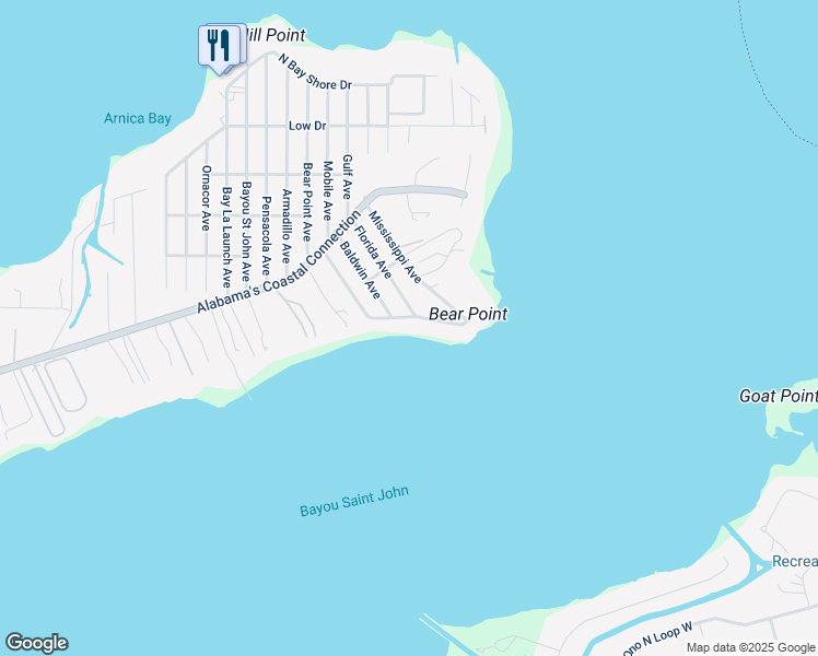 map of restaurants, bars, coffee shops, grocery stores, and more near 29687-29765 Bayshore Dr in Orange Beach