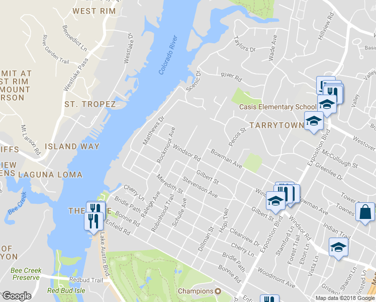 map of restaurants, bars, coffee shops, grocery stores, and more near 3608 Windsor Road in Austin