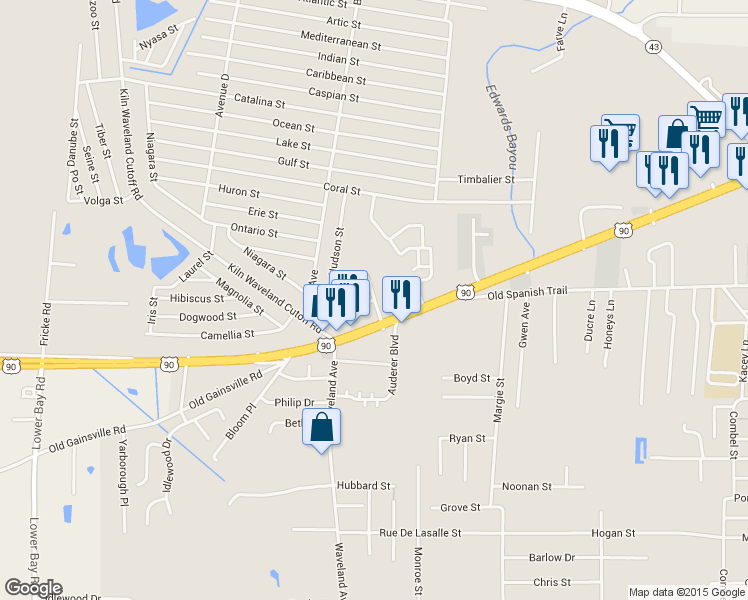 map of restaurants, bars, coffee shops, grocery stores, and more near 733 Bering Street in Waveland