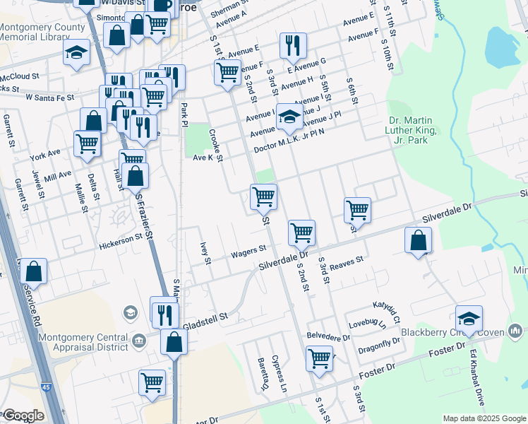 map of restaurants, bars, coffee shops, grocery stores, and more near 1000 South 1st Street in Conroe