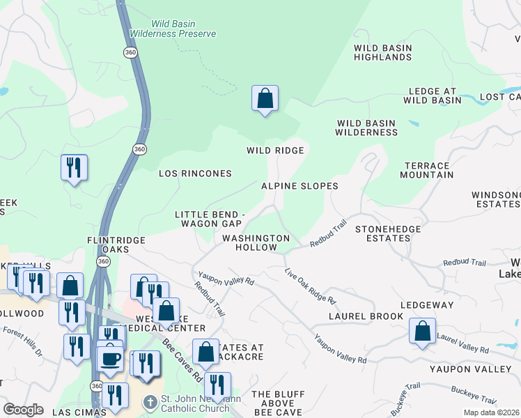 map of restaurants, bars, coffee shops, grocery stores, and more near 5 Little Bend Road in West Lake Hills