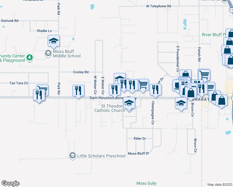 map of restaurants, bars, coffee shops, grocery stores, and more near 880 Sam Houston Jones Parkway in Moss Bluff