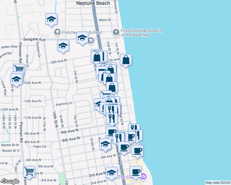 map of restaurants, bars, coffee shops, grocery stores, and more near 131 13th Avenue North in Jacksonville Beach