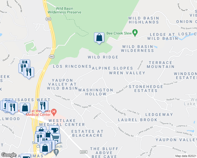 map of restaurants, bars, coffee shops, grocery stores, and more near 5 Little Bend Road in West Lake Hills