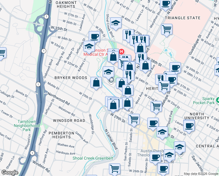 map of restaurants, bars, coffee shops, grocery stores, and more near 3103 Wabash Avenue in Austin