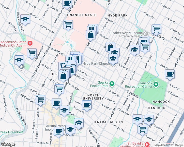 map of restaurants, bars, coffee shops, grocery stores, and more near 301 West 38th Street in Austin