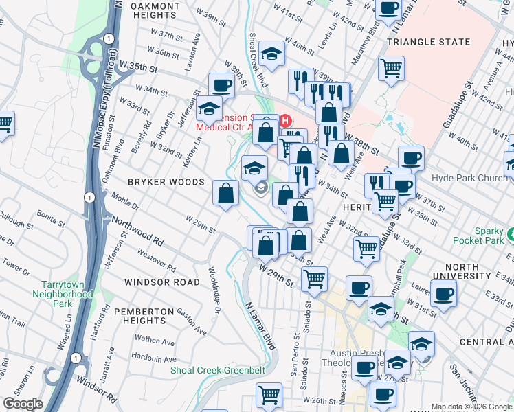 map of restaurants, bars, coffee shops, grocery stores, and more near 1107 West 31st Street in Austin