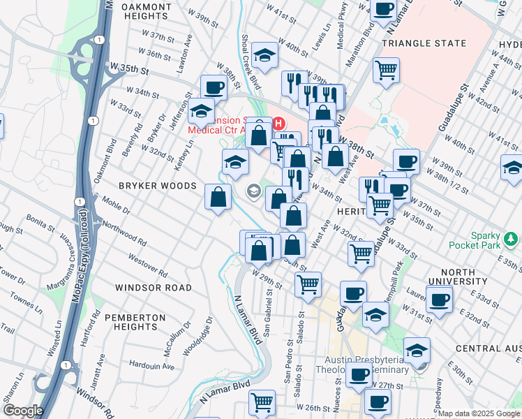 map of restaurants, bars, coffee shops, grocery stores, and more near 3103 Wabash Avenue in Austin