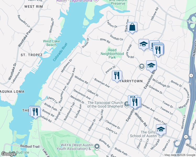 map of restaurants, bars, coffee shops, grocery stores, and more near 3310 Bowman Avenue in Austin