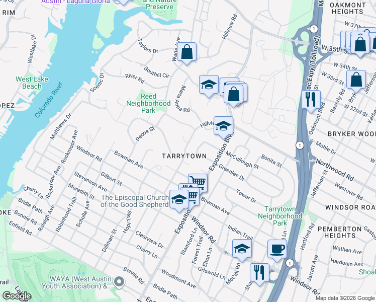 map of restaurants, bars, coffee shops, grocery stores, and more near in Austin