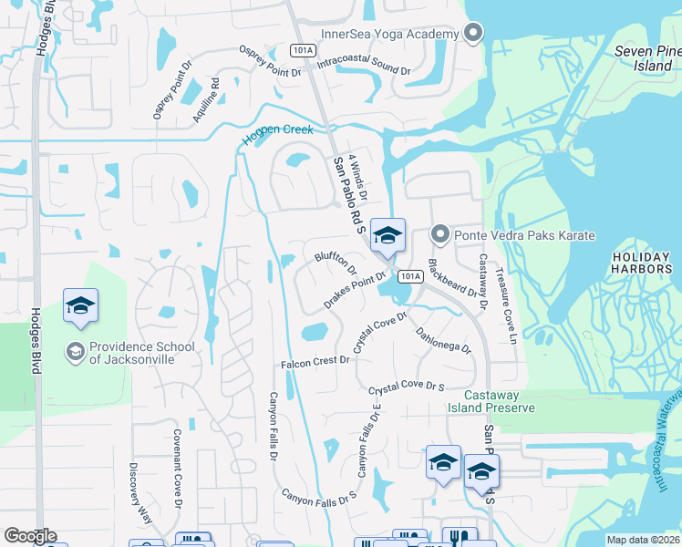 map of restaurants, bars, coffee shops, grocery stores, and more near 2430 Footbridge Lane in Jacksonville