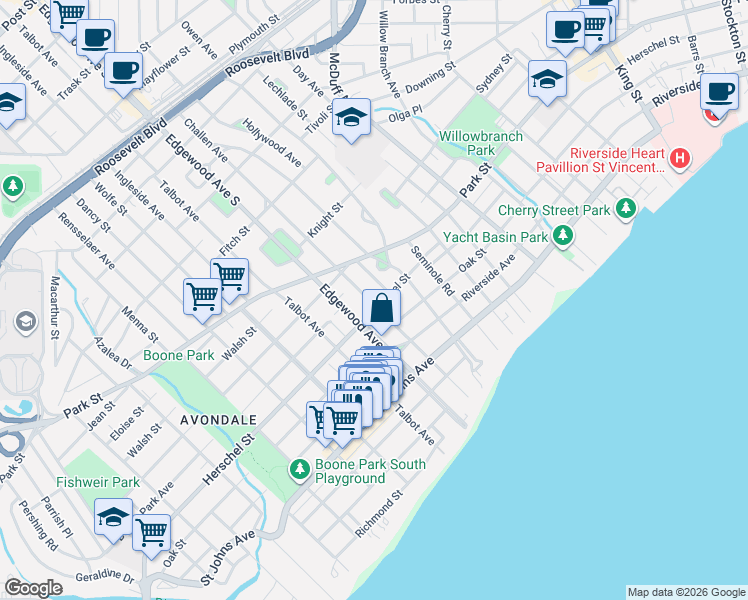 map of restaurants, bars, coffee shops, grocery stores, and more near 1548 Robinson Avenue in Jacksonville
