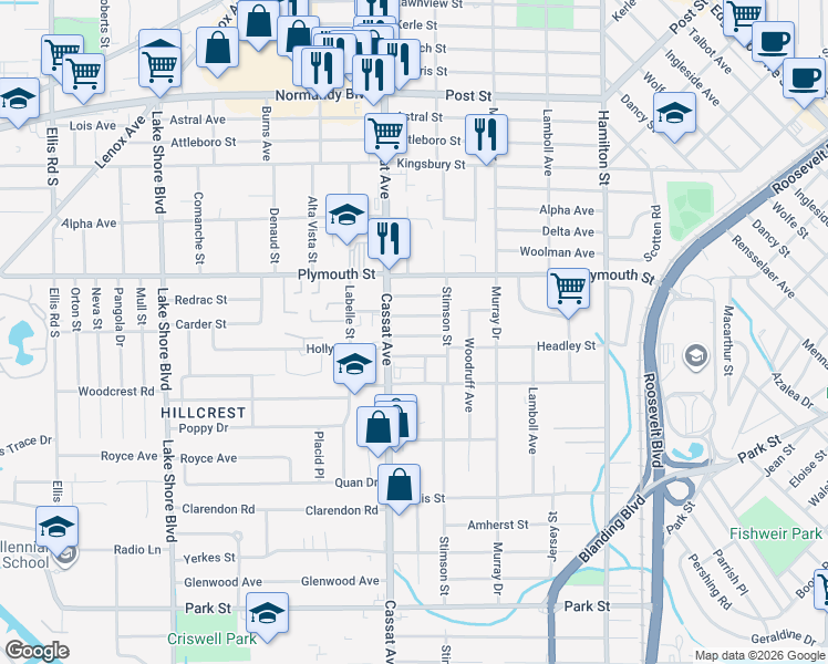 map of restaurants, bars, coffee shops, grocery stores, and more near 4826 Elizabeth Terrace in Jacksonville