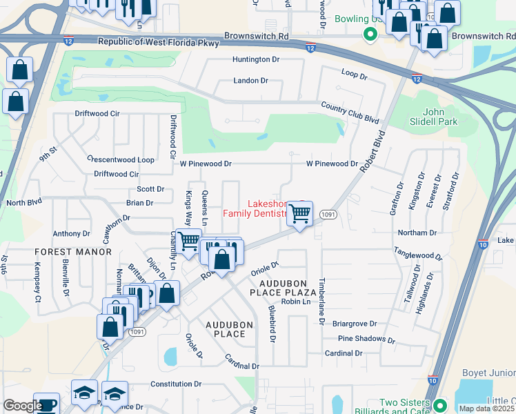 map of restaurants, bars, coffee shops, grocery stores, and more near 112 Nottingham Drive in Slidell