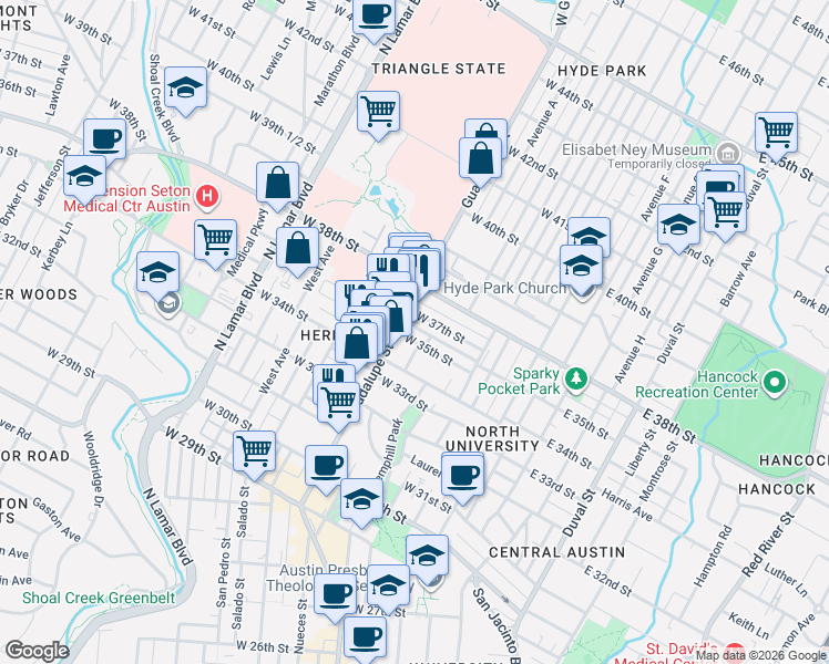 map of restaurants, bars, coffee shops, grocery stores, and more near 605 West 37th Street in Austin