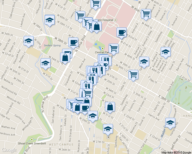 map of restaurants, bars, coffee shops, grocery stores, and more near 610 West 35th Street in Austin