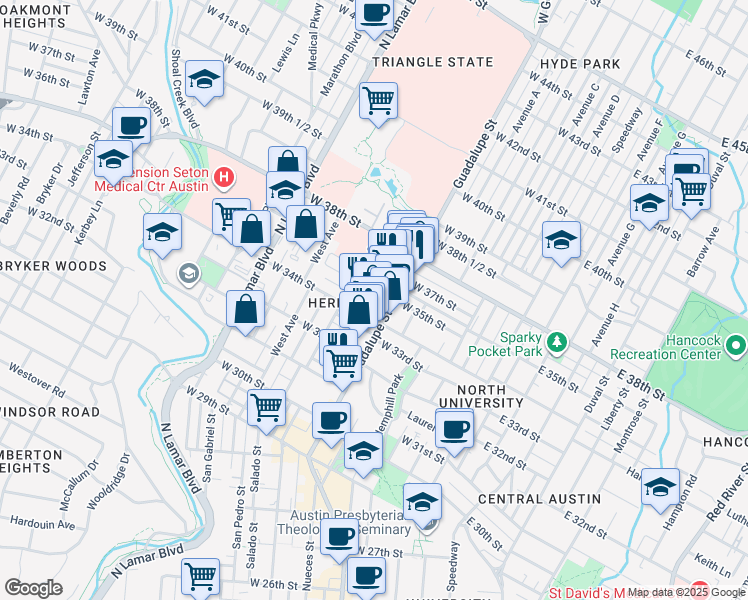 map of restaurants, bars, coffee shops, grocery stores, and more near 610 West 35th Street in Austin