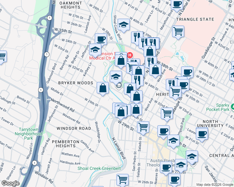 map of restaurants, bars, coffee shops, grocery stores, and more near 3103 Wabash Avenue in Austin
