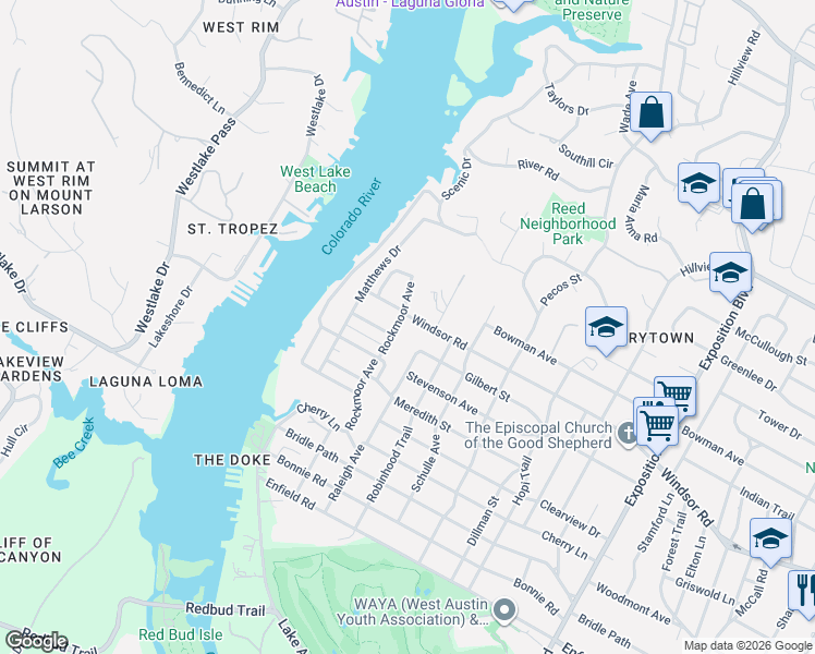 map of restaurants, bars, coffee shops, grocery stores, and more near 3612 Windsor Road in Austin