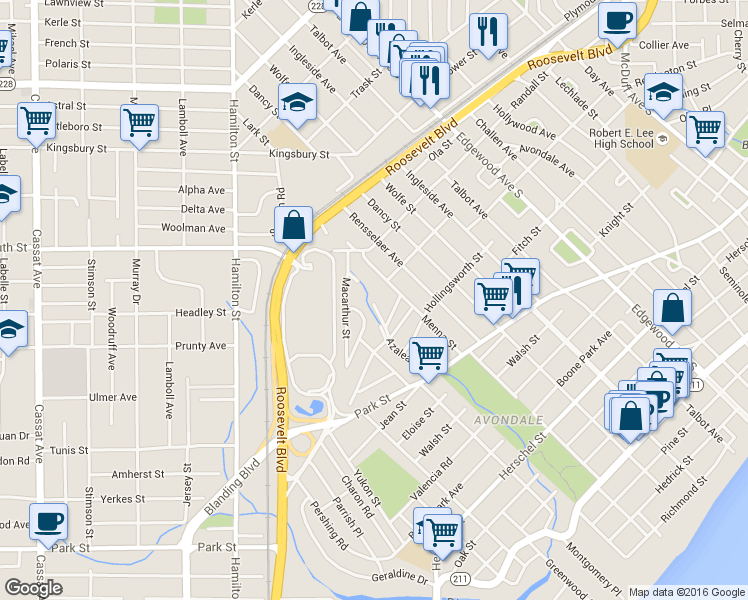 map of restaurants, bars, coffee shops, grocery stores, and more near 1319 Azalea Drive in Jacksonville