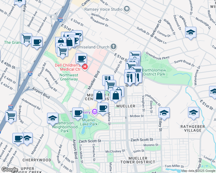 map of restaurants, bars, coffee shops, grocery stores, and more near 2200 Aldrich Street in Austin