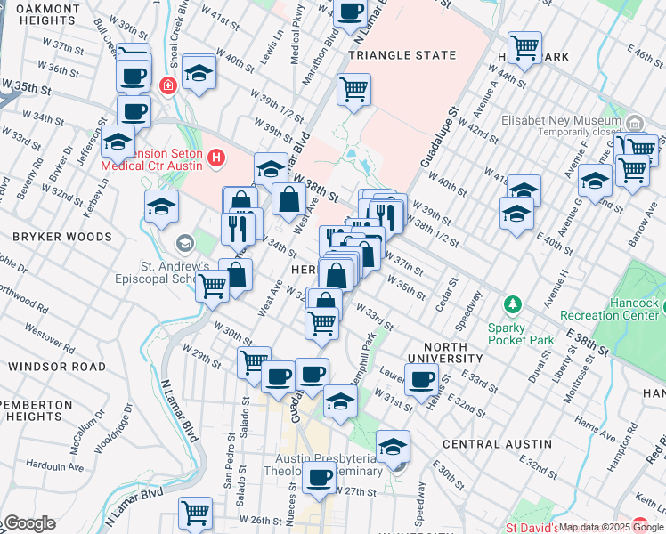 map of restaurants, bars, coffee shops, grocery stores, and more near 704 West 34th Street in Austin