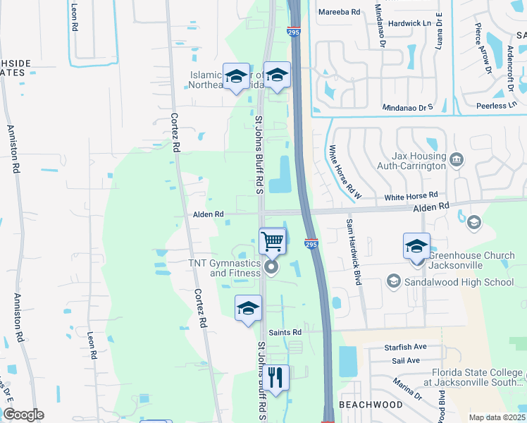 map of restaurants, bars, coffee shops, grocery stores, and more near St Johns Bluff Rd S & Alden Rd in Jacksonville