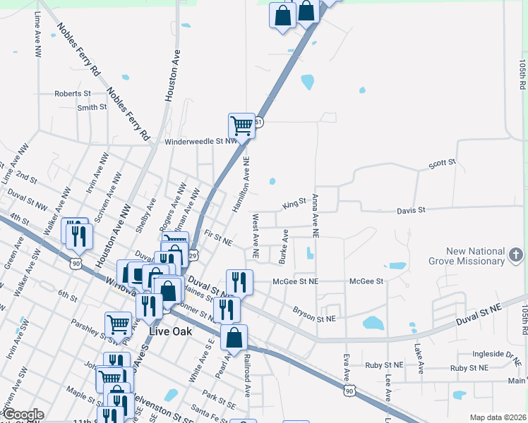 map of restaurants, bars, coffee shops, grocery stores, and more near 501-599 King St NE in Live Oak