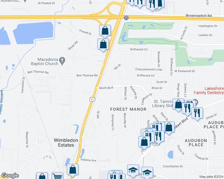 map of restaurants, bars, coffee shops, grocery stores, and more near 113 North Boulevard in Slidell