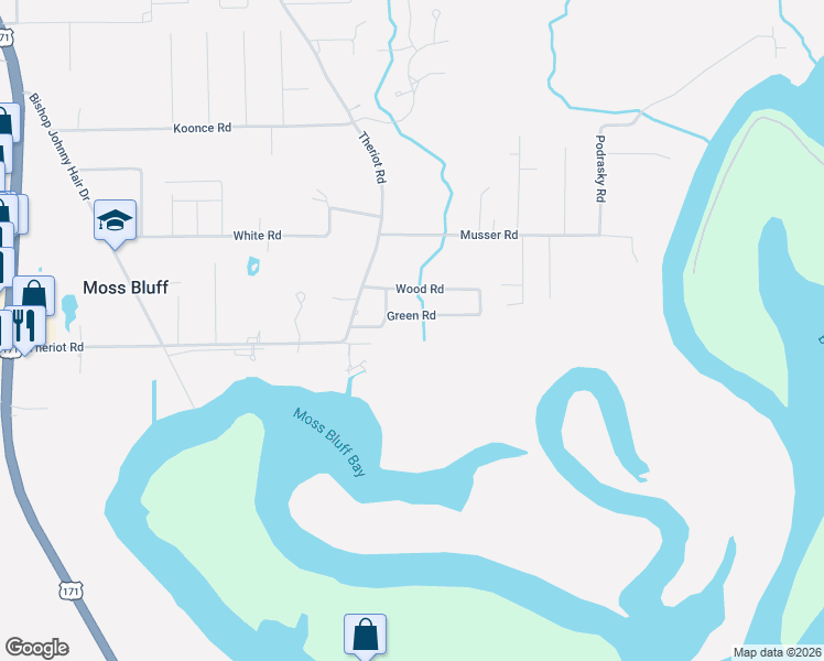 map of restaurants, bars, coffee shops, grocery stores, and more near 1001 Green Rd in Lake Charles