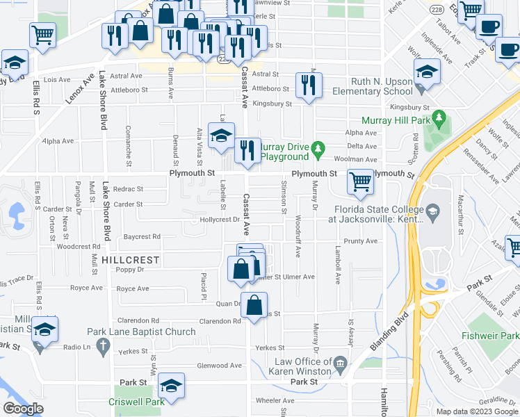 map of restaurants, bars, coffee shops, grocery stores, and more near 4845 Louisa Terrace in Jacksonville