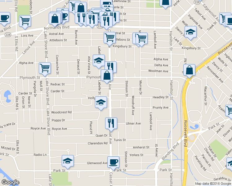 map of restaurants, bars, coffee shops, grocery stores, and more near 4826 Elizabeth Terrace in Jacksonville