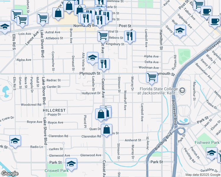 map of restaurants, bars, coffee shops, grocery stores, and more near 4826 Elizabeth Terrace in Jacksonville