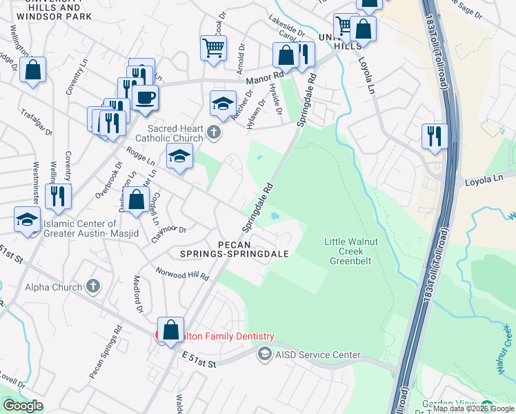 map of restaurants, bars, coffee shops, grocery stores, and more near Springdale Road in Austin